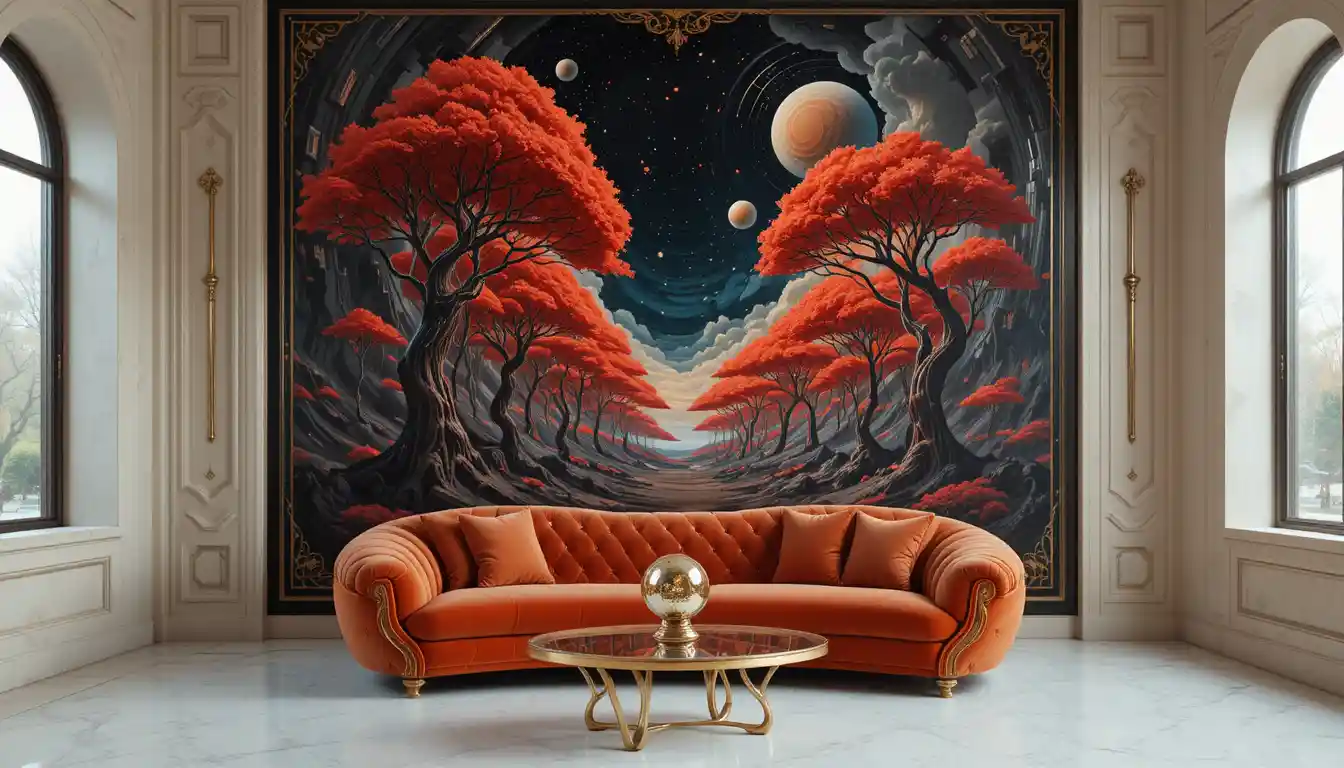 Surreal red velvet sofa before swirling cosmic painting
