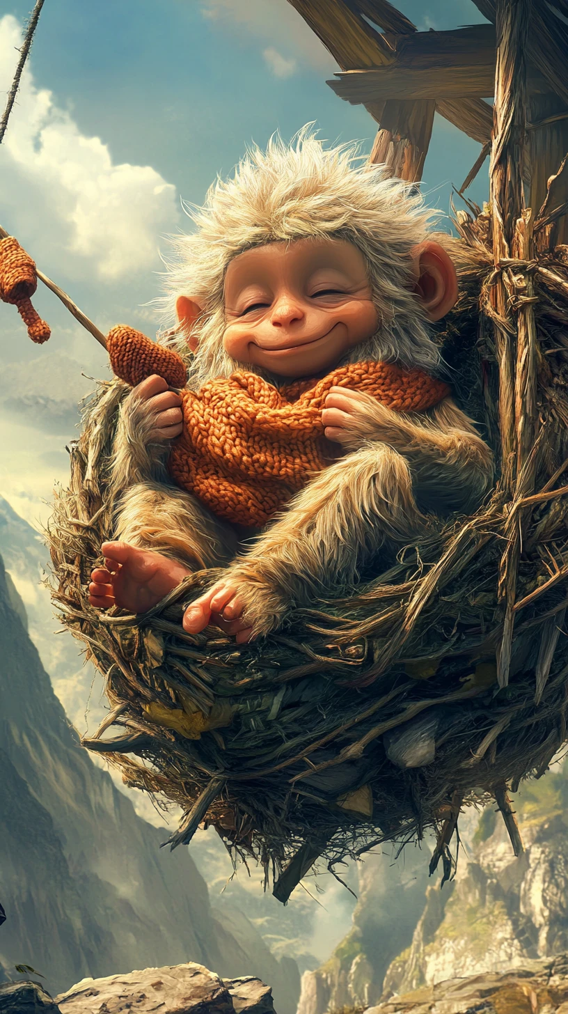Cute fluffy creature knitting in a giant bird nest