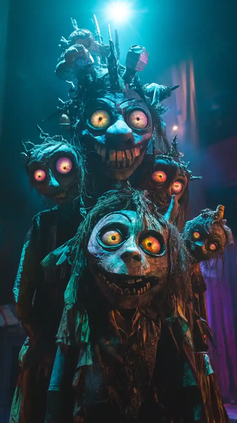 Surreal anthropomorphic performers on a moonlit junkyard stage