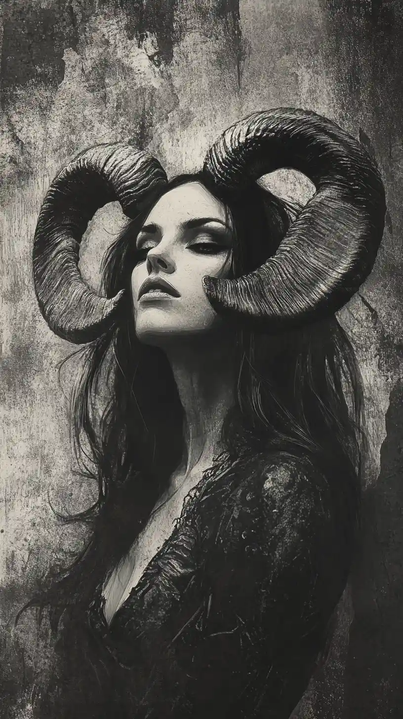 Horned woman portrait in dark graphite fantasy style