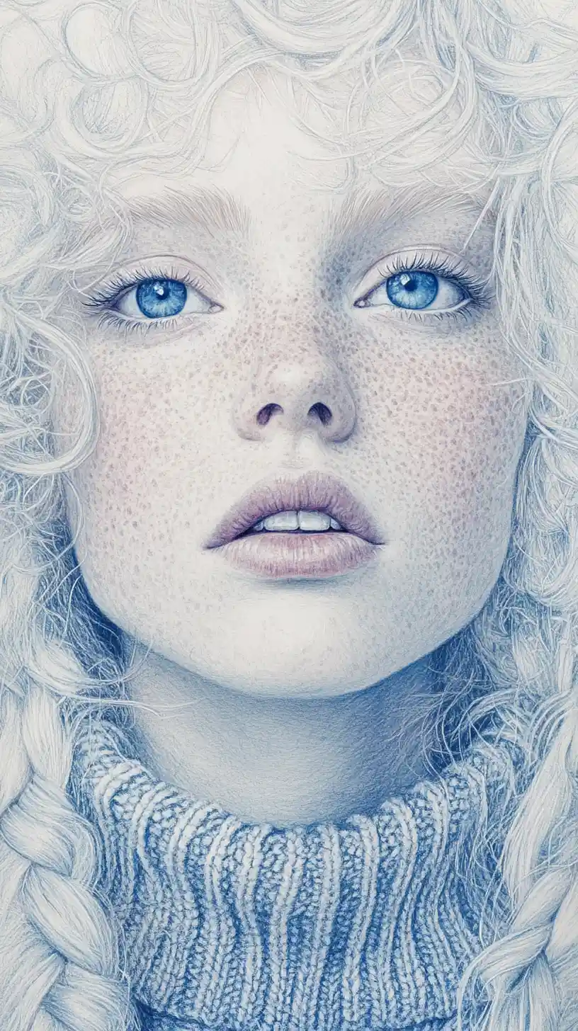 Albino girl portrait in blue ballpoint and colored pencil