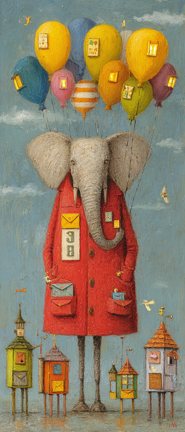 Cheerful Postman Elephant Delivering Letters To A Tiny Village
