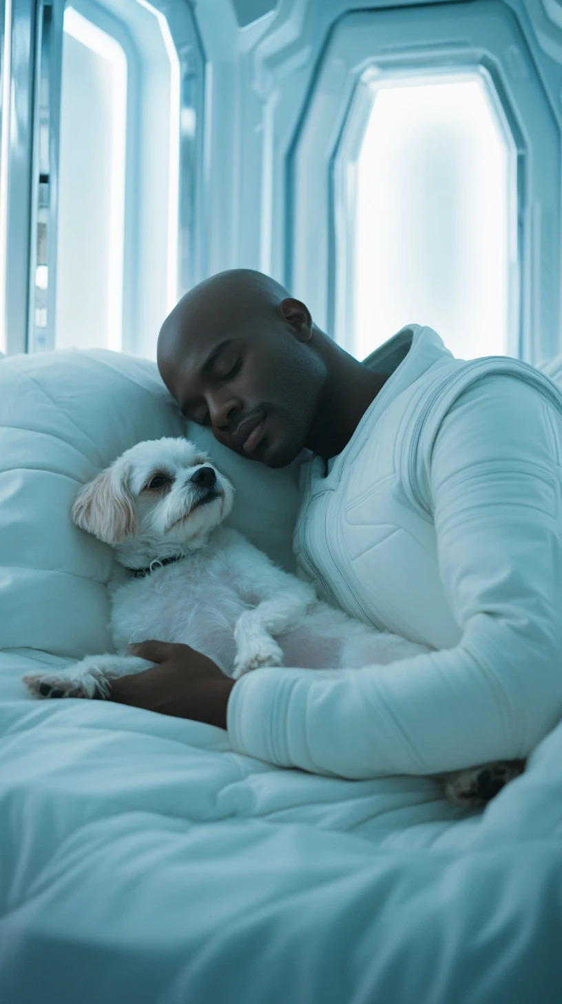 Bald man sleeping in a futuristic bed beside his shih tzu