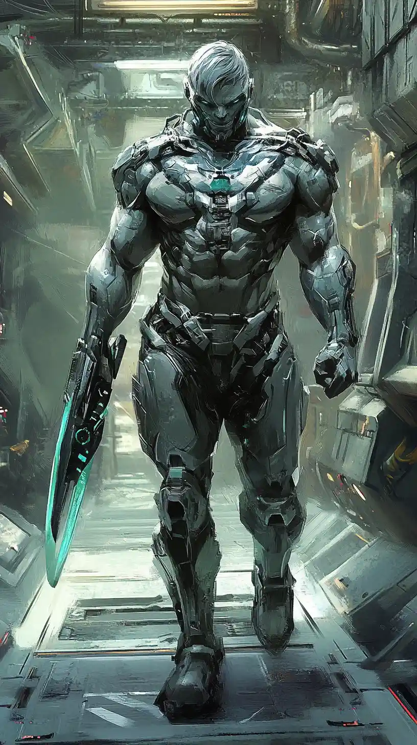 Frightened futuristic male warrior in a decadent spacecraft