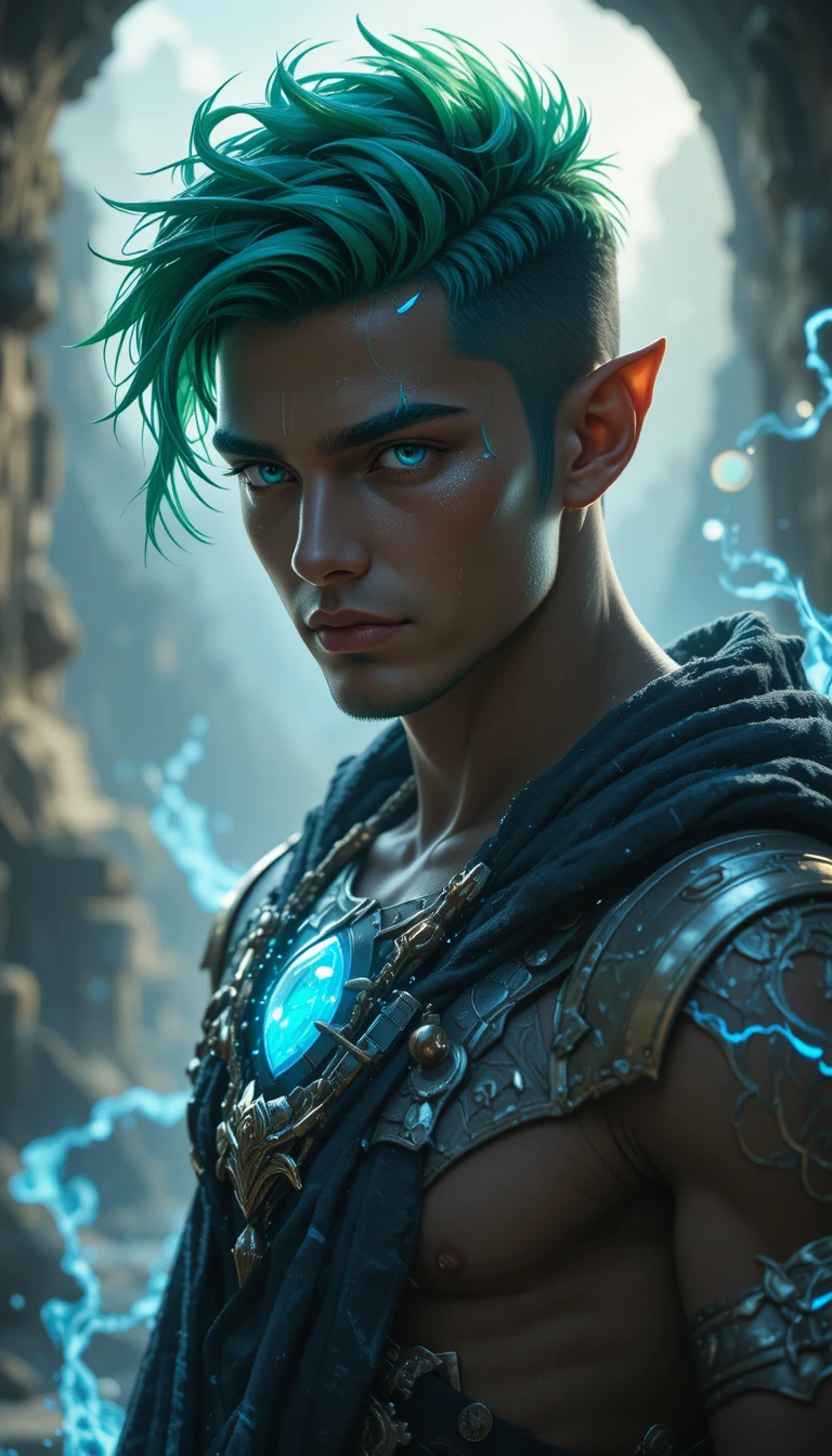 Dark skinned forge mage with blue eyes and green hair