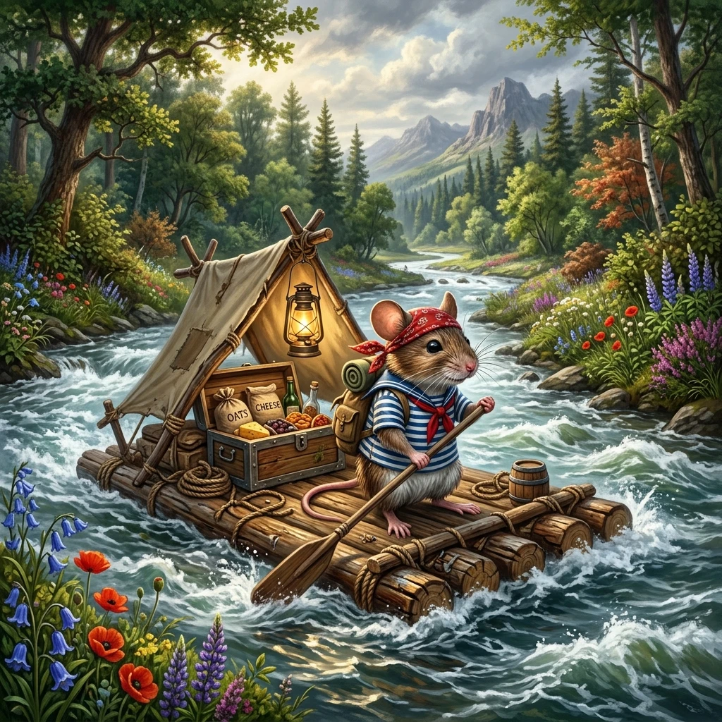 Mouse sailor rafting down a wild forest river