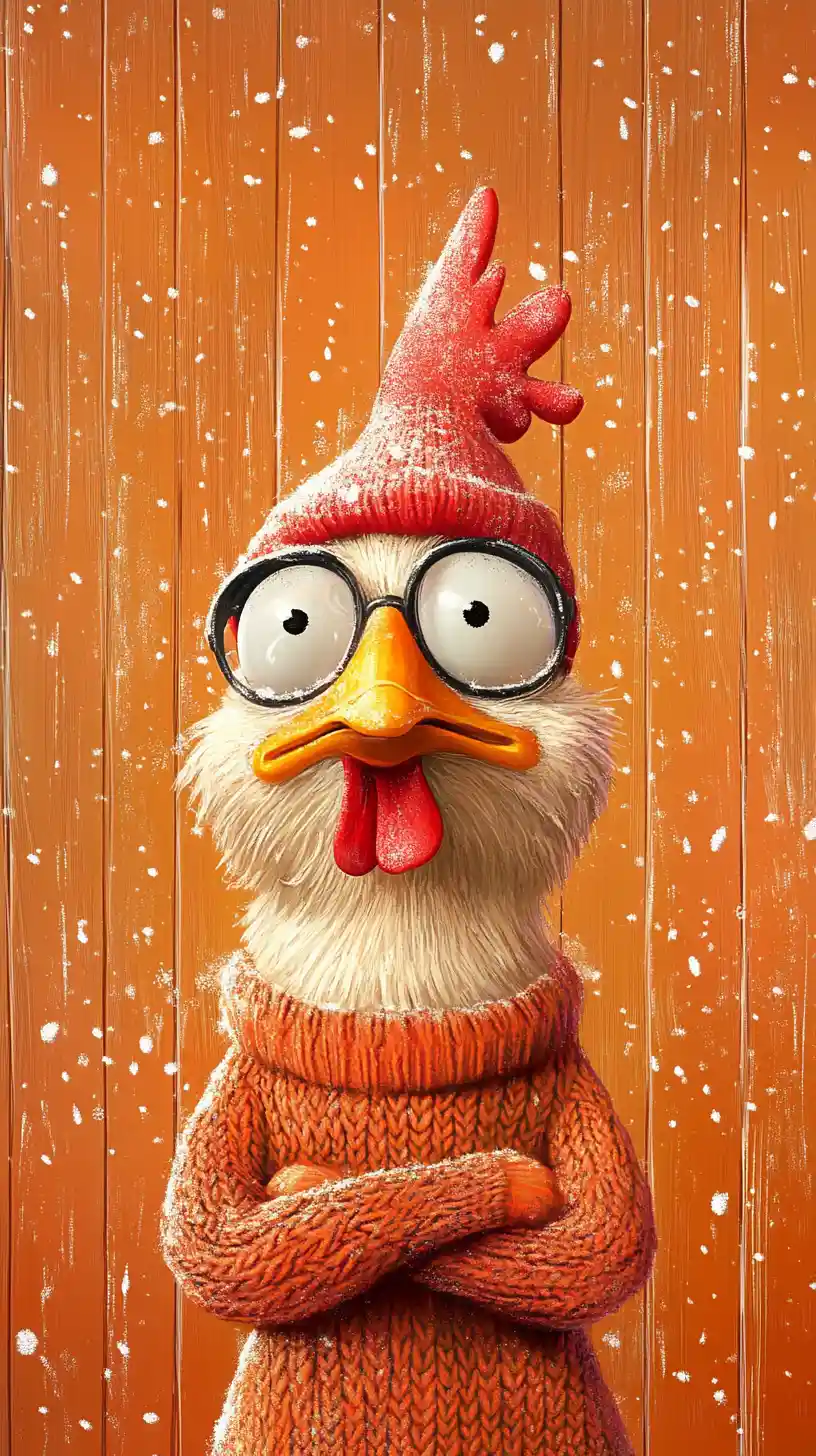 Poulet cartoon dans la neige sur un fond abstrait orange vif