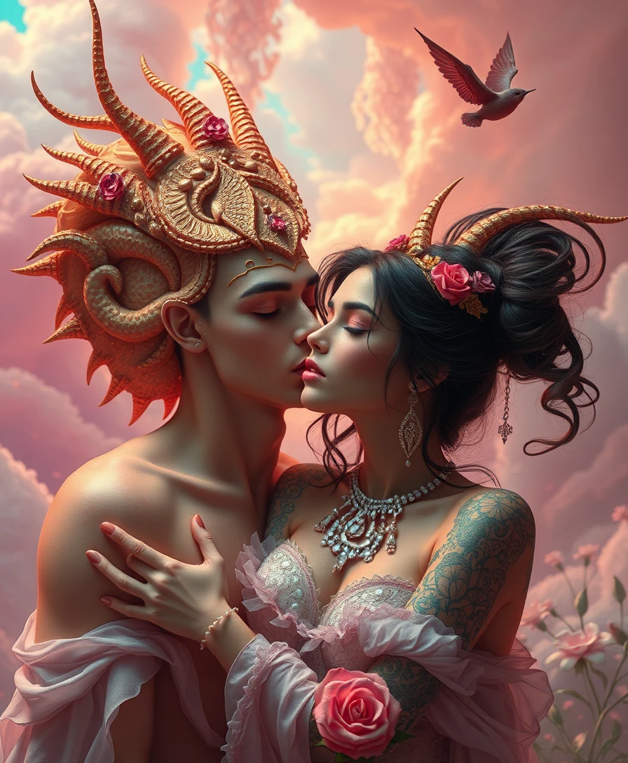 Whimsical popsurreal fantasy creatures in a vivid dream landscape