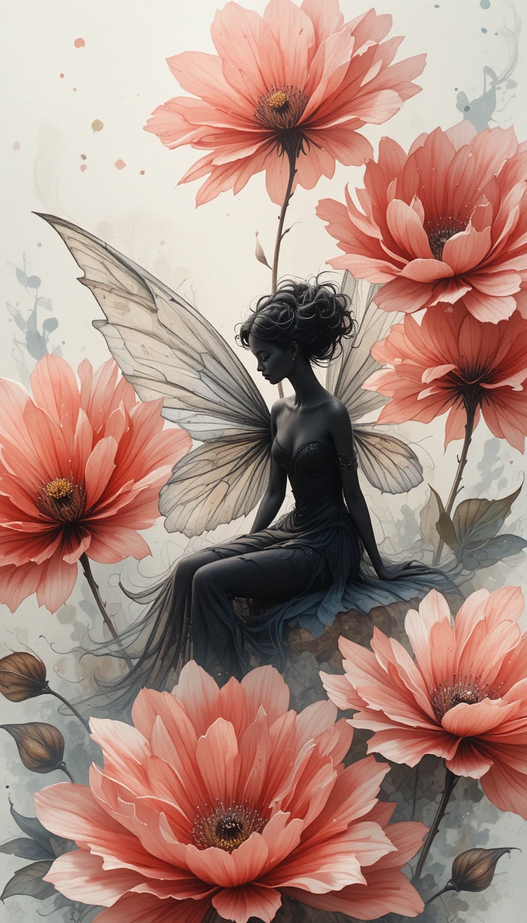 Elegant black fairy among large red watercolor flowers