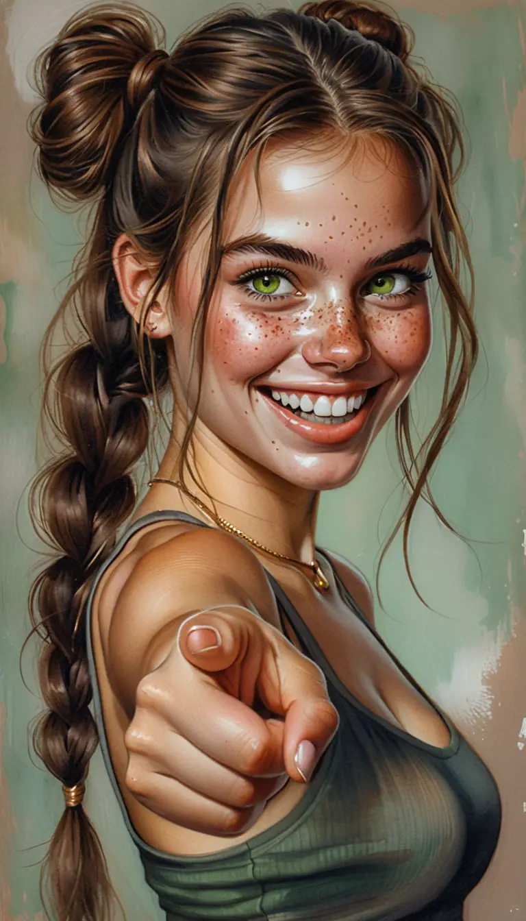 Playful caricature girl pointing forward with bright green eyes