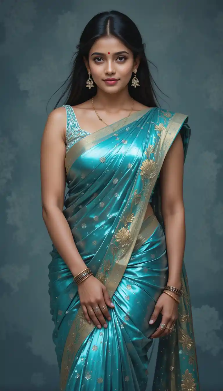 Tamil actress in glossy saree with revealed navel pose