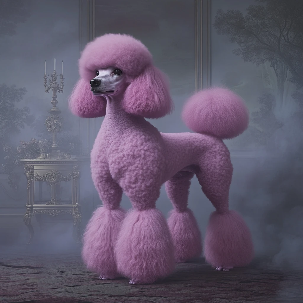 Poised Pink Poodle In A Gothic Foggy Fantasy Scene