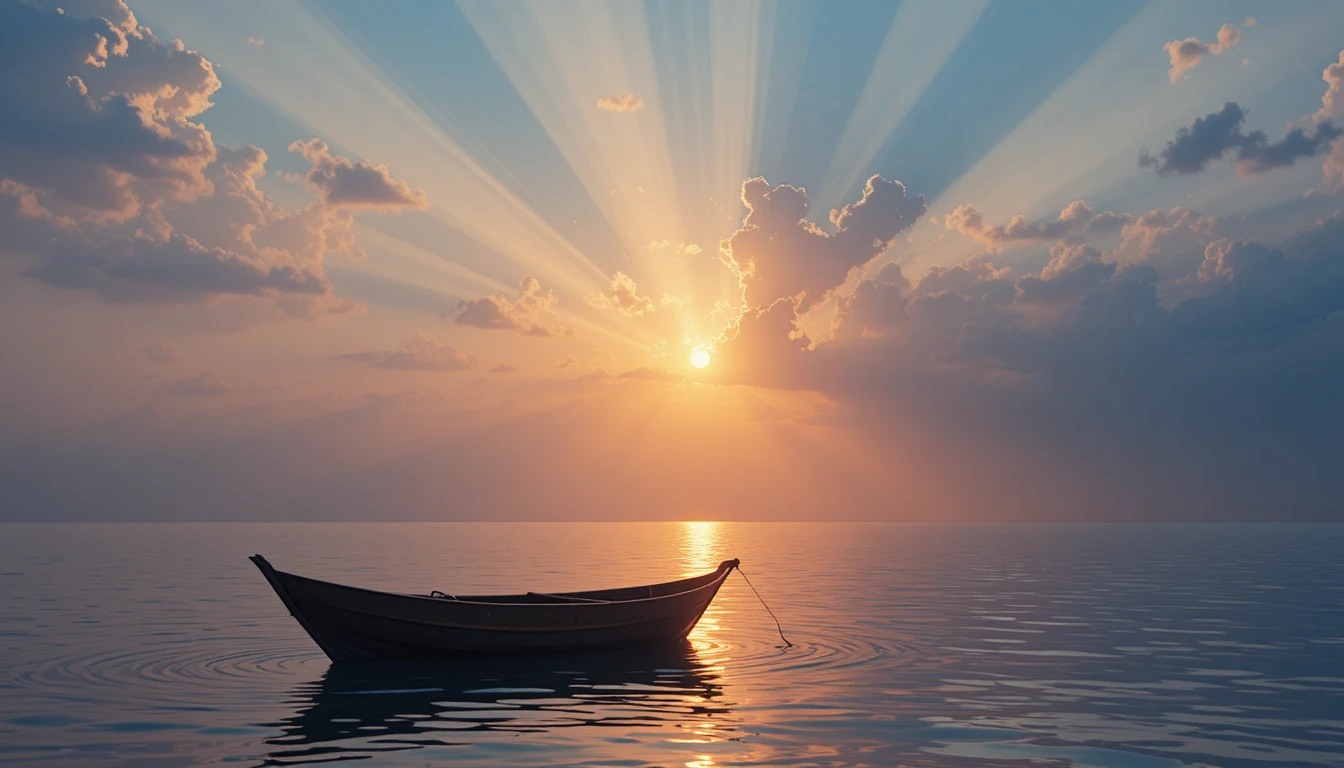 Small boat drifting on glowing water under radiant sky