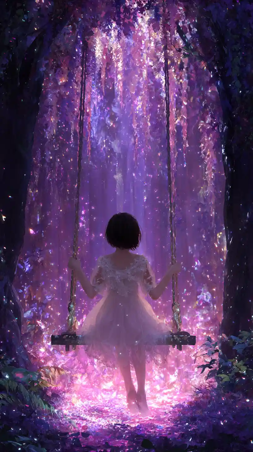 Girl On A Wooden Swing In A Glowing Enchanted Forest
