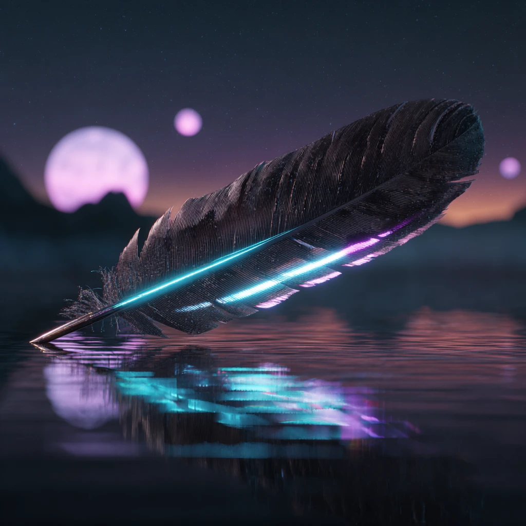 Glowing Eagle Feather Above Dark Obsidian Lake