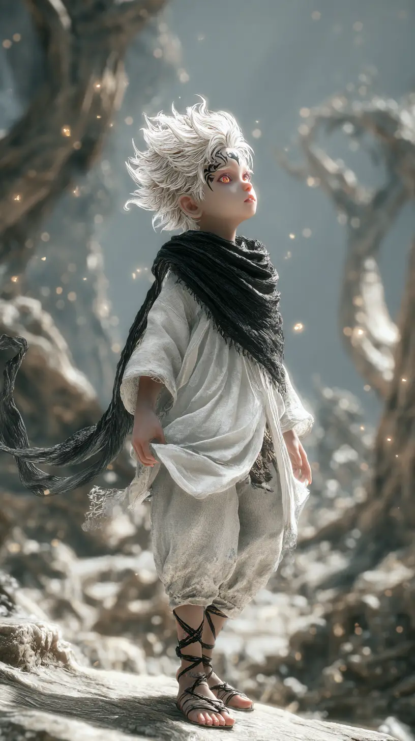 White haired anime boy in a mystical rocky landscape