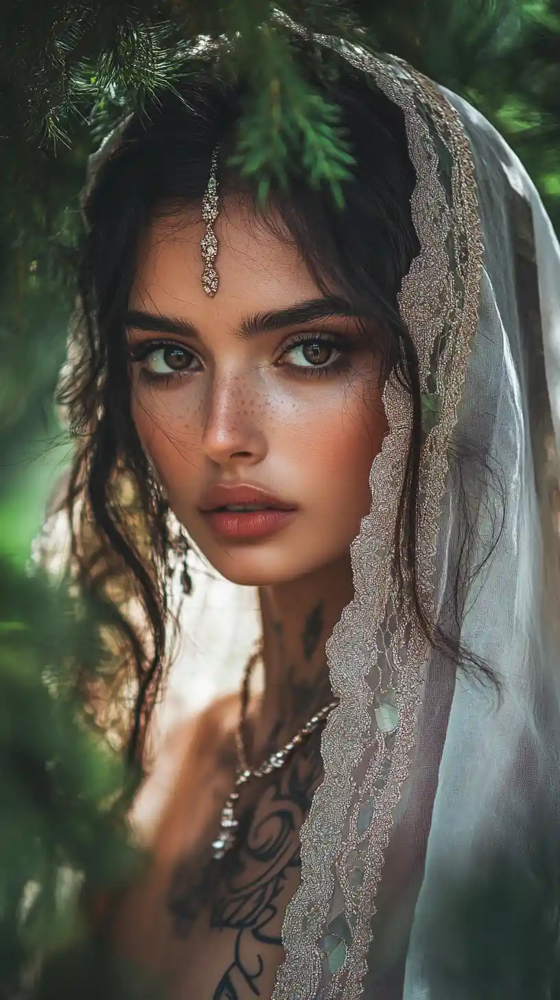 Melancholic gypsy bride standing under a tree in silence