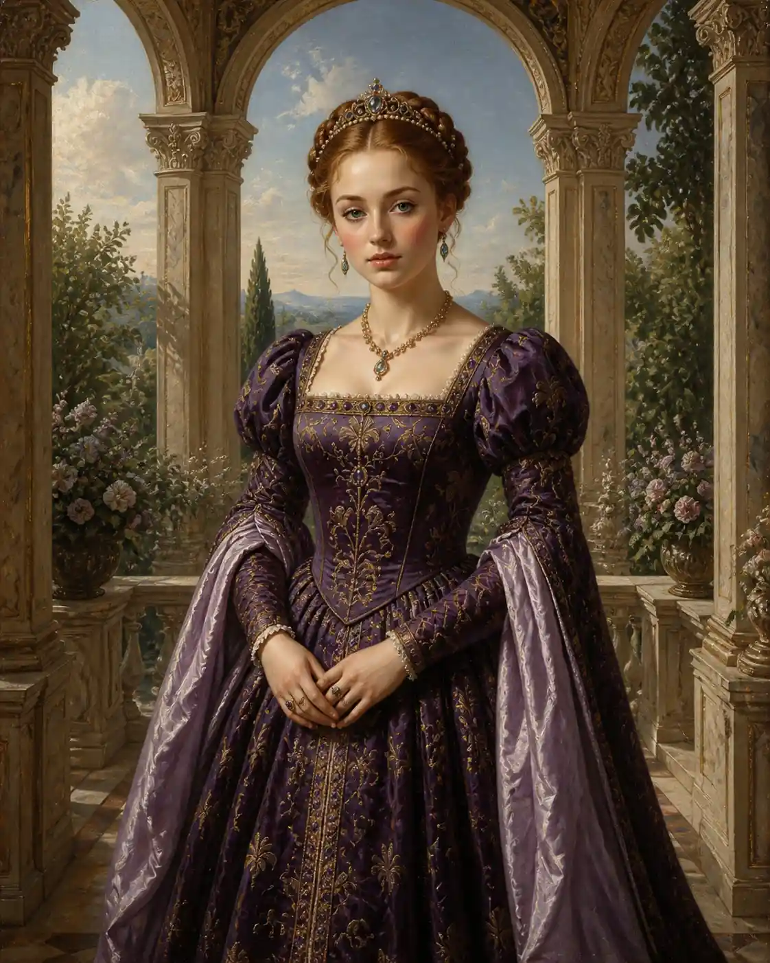 Renaissance style portrait of a jeweled girl on a terrace