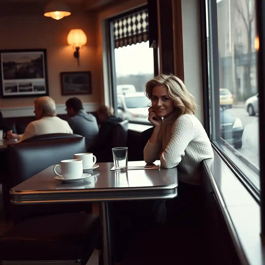 Woman sitting in an American style diner at lunchtime