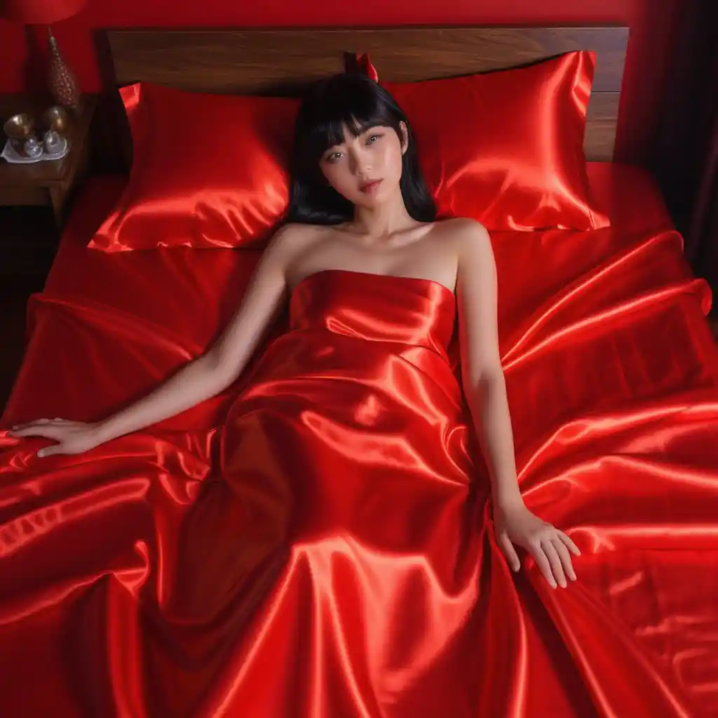 Japanese woman lying on neon red satin bed sheets