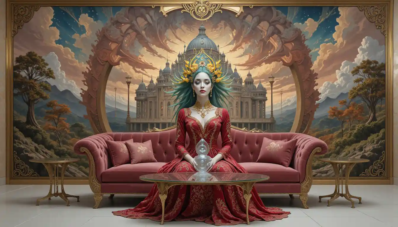 Surreal red velvet sofa before a swirling cosmic painting