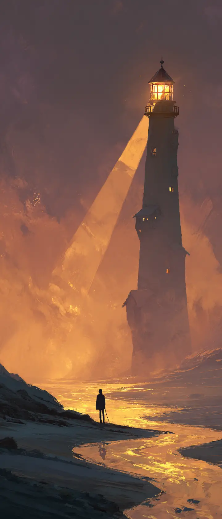 Lighthouse keeper atop a tower linked to a floating island