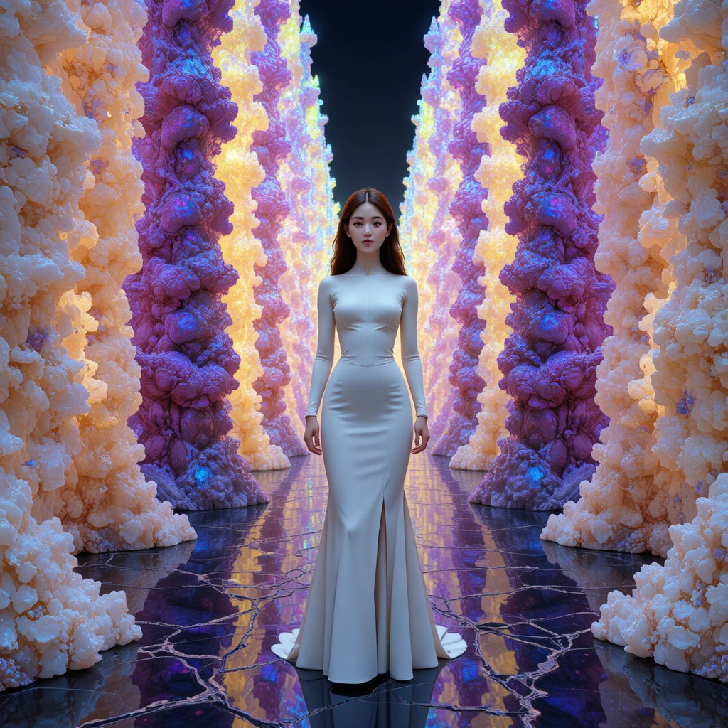 Korean student in porcelain couture amid iridescent crystal towers