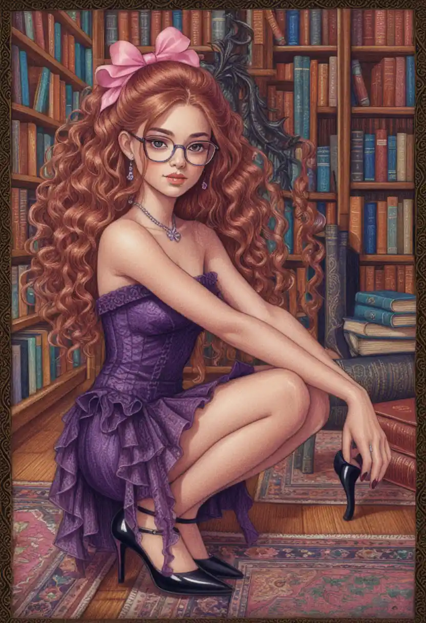 Curly haired woman reading in a magical cozy library