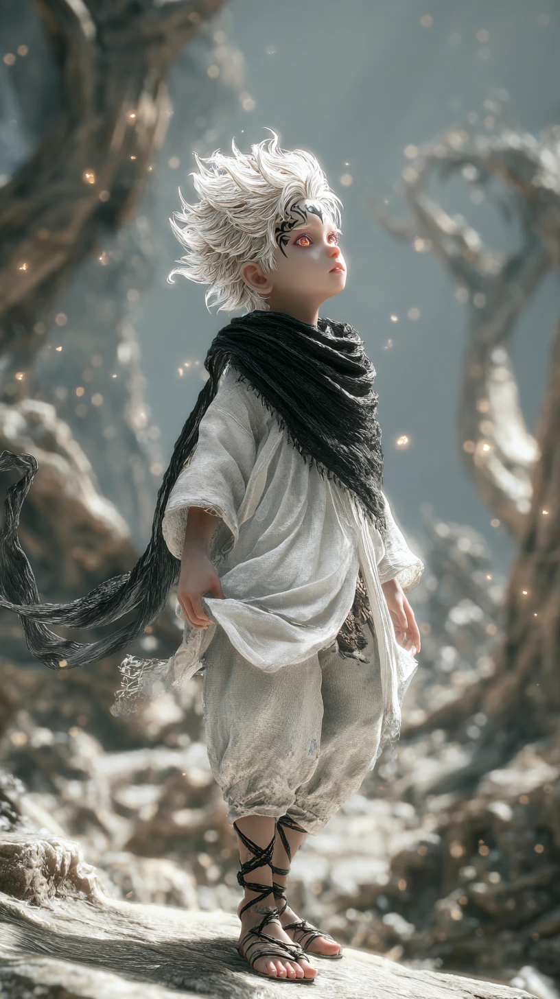 Chico de anime de cabello blanco en un paisaje rocoso místico