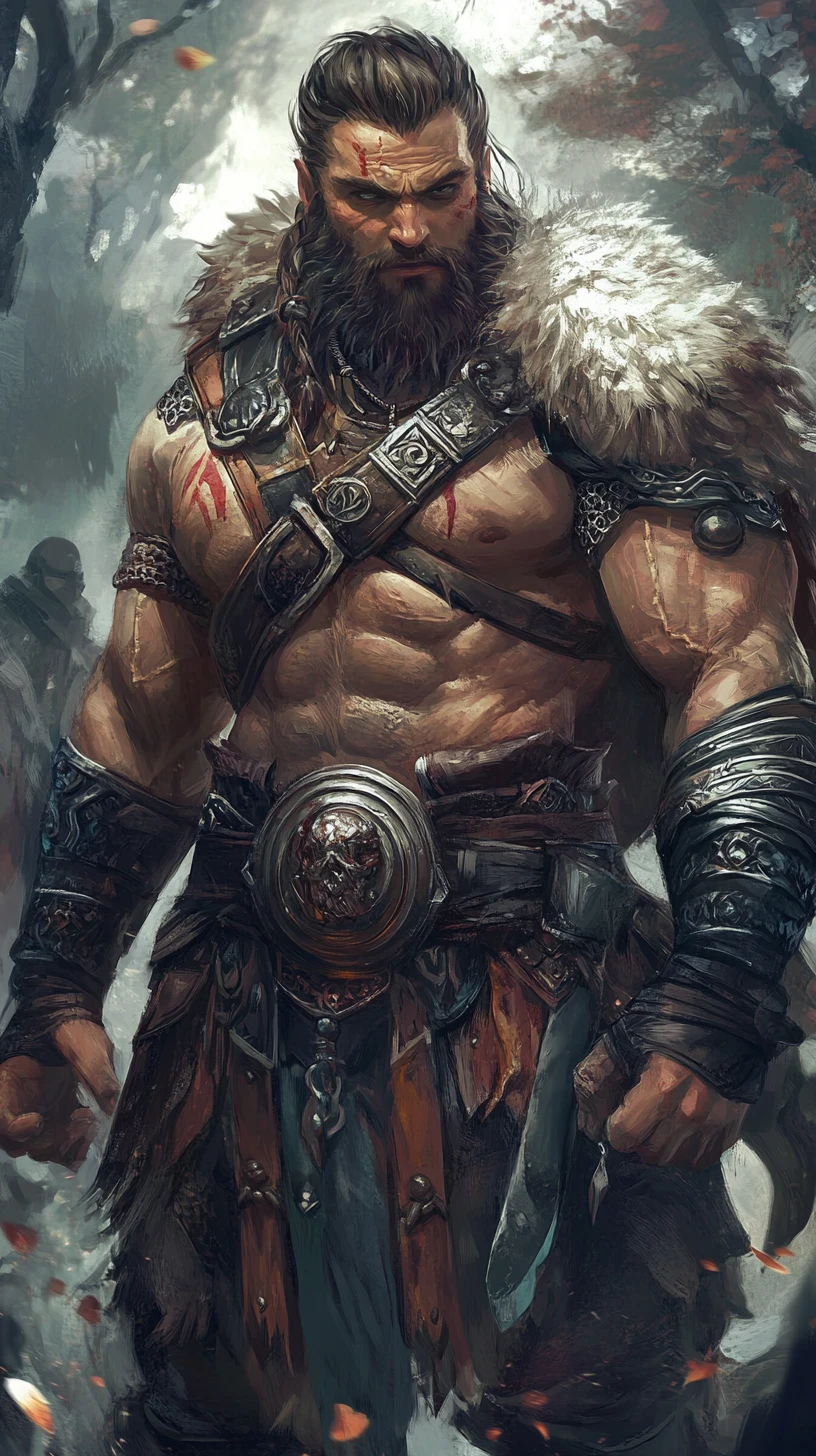 Shocked fantasy warrior in rugged petalstone armor
