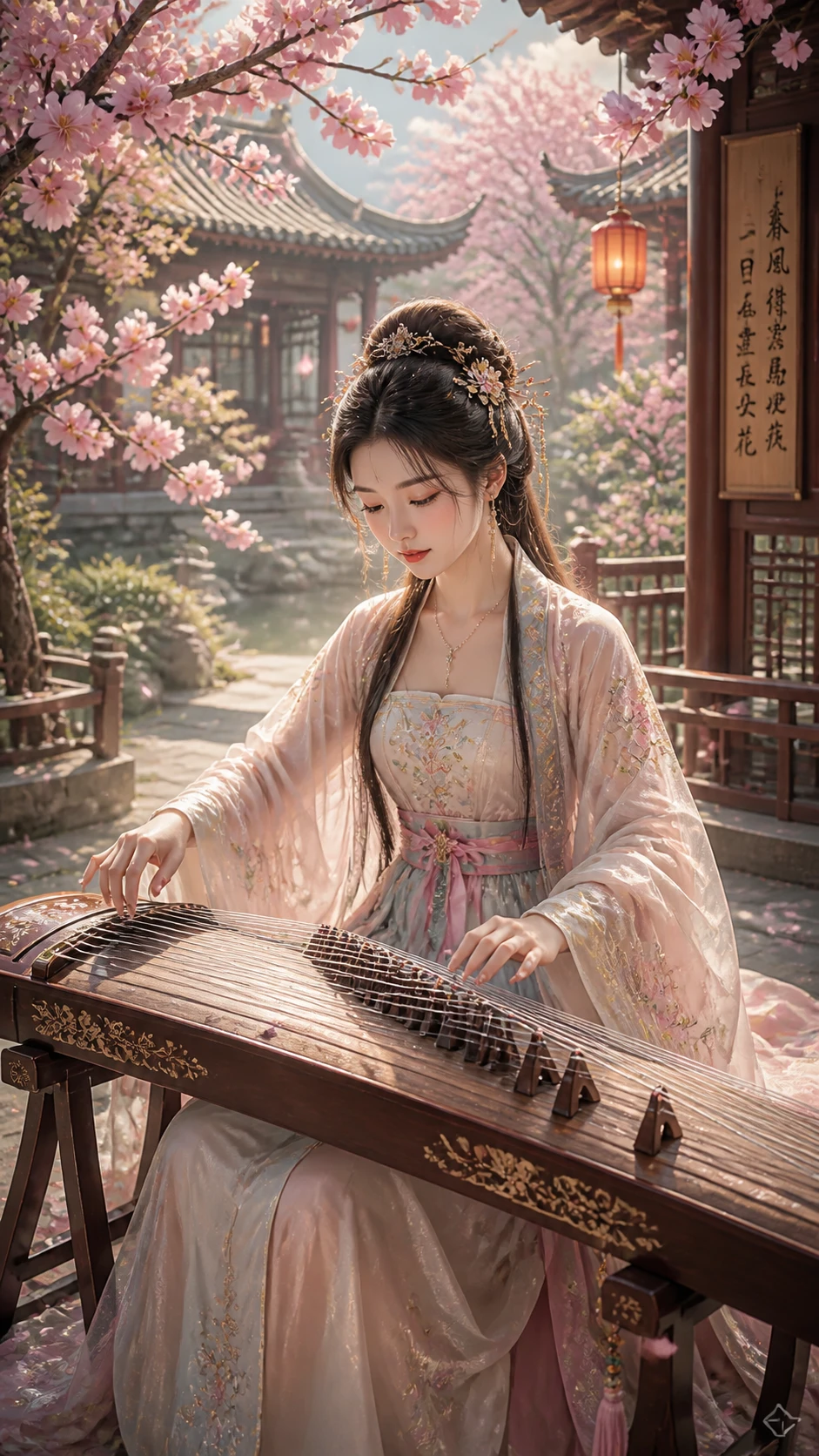 Mujer asiática tocando guzheng en un patio chino tradicional