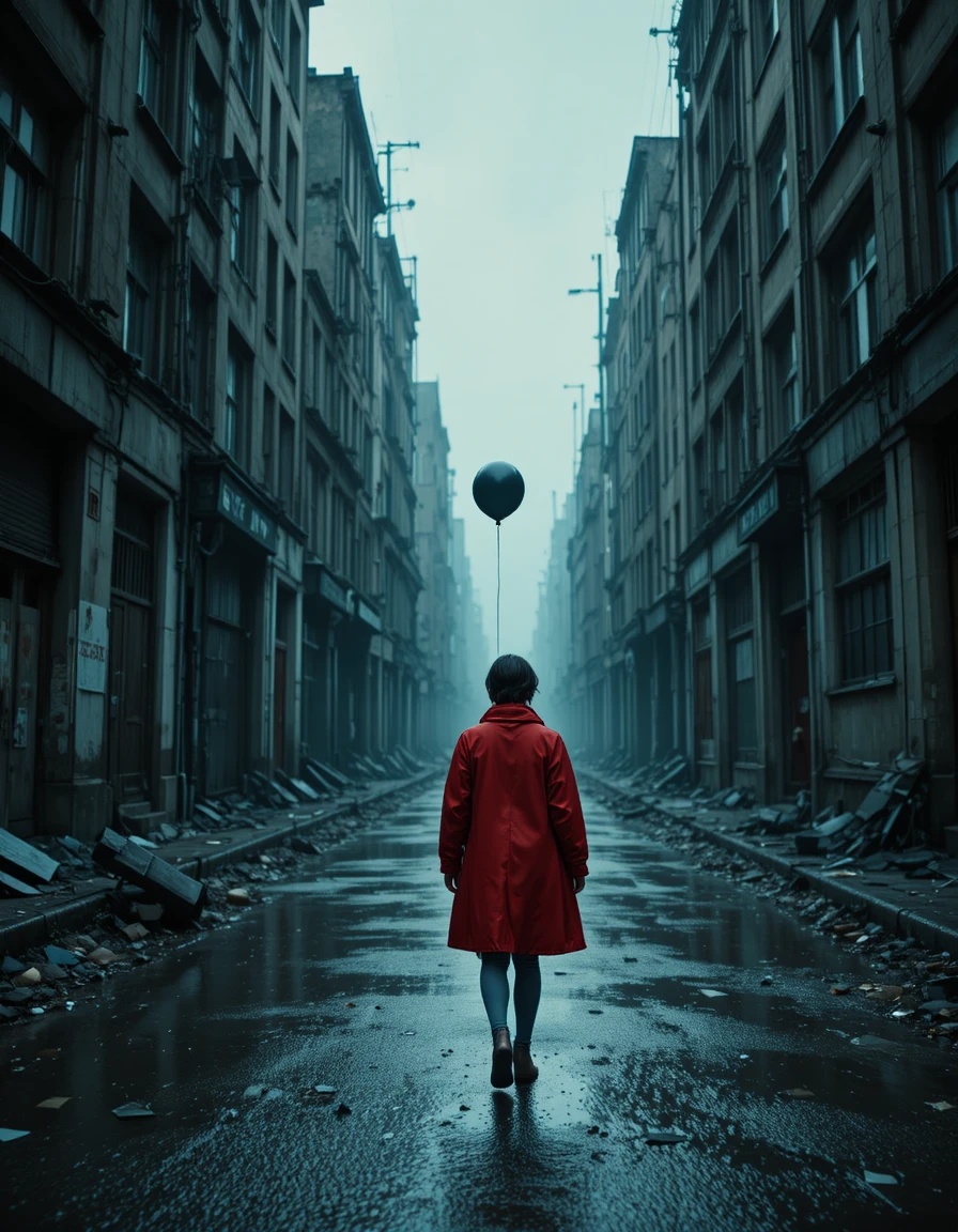 Femme en imperméable rouge marchant dans une rue inondée de la ville