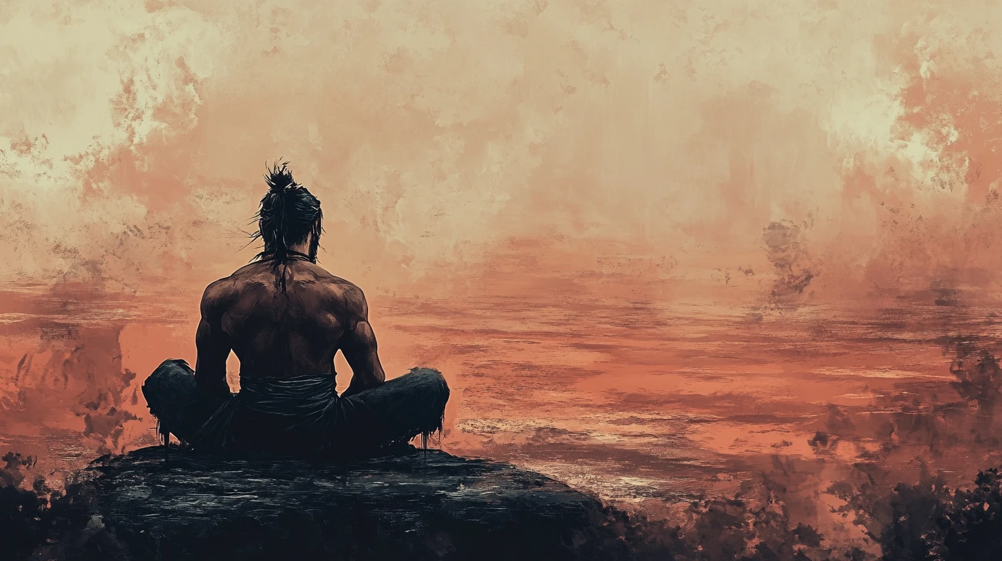 Solitary muscular warrior resting on a stone in inked plains