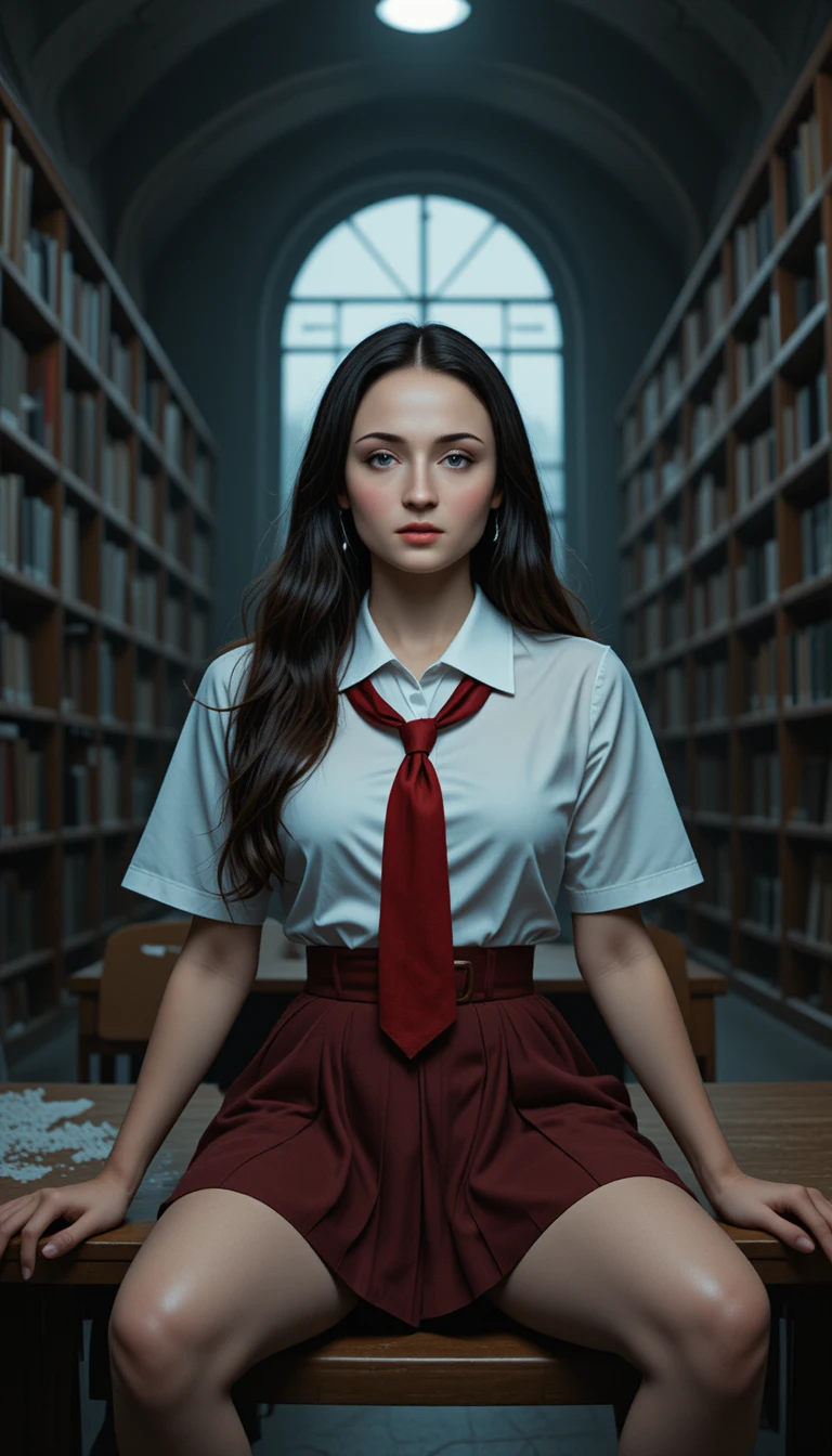 Mysterious schoolgirl with glasses in dark empty library