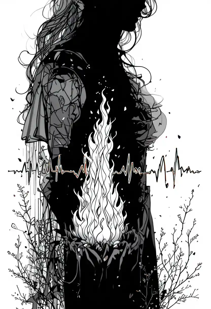 Lonely figure standing by a glowing fire in darkness