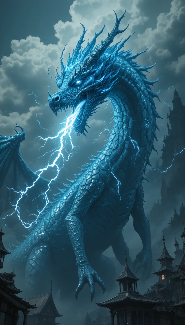 Electric blue dragon unleashing lightning over gothic city