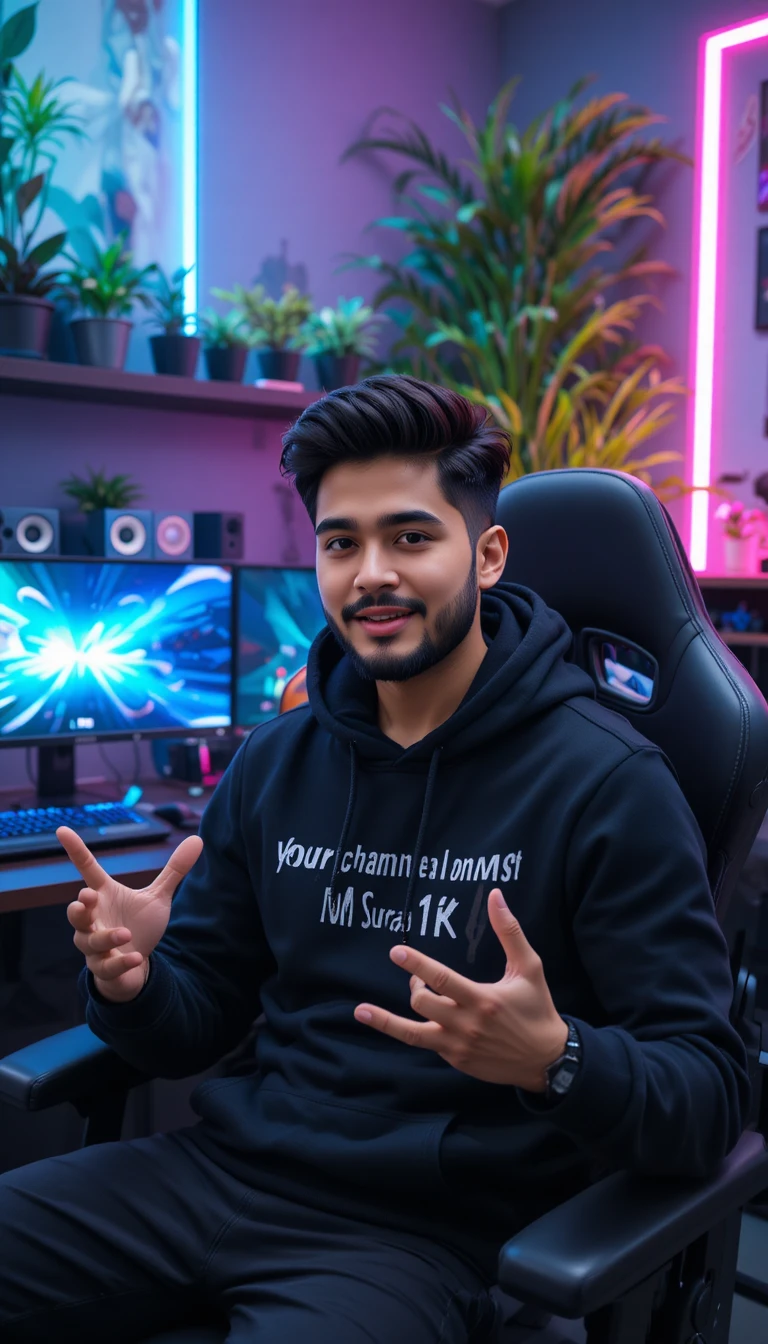 Young male streamer talking in neon lit gaming setup