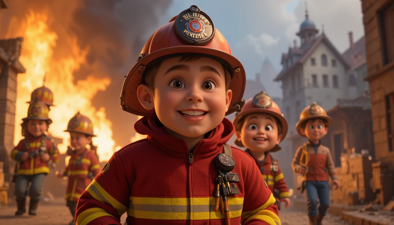 Cartoon firefighter hero standing ready to face new dangers