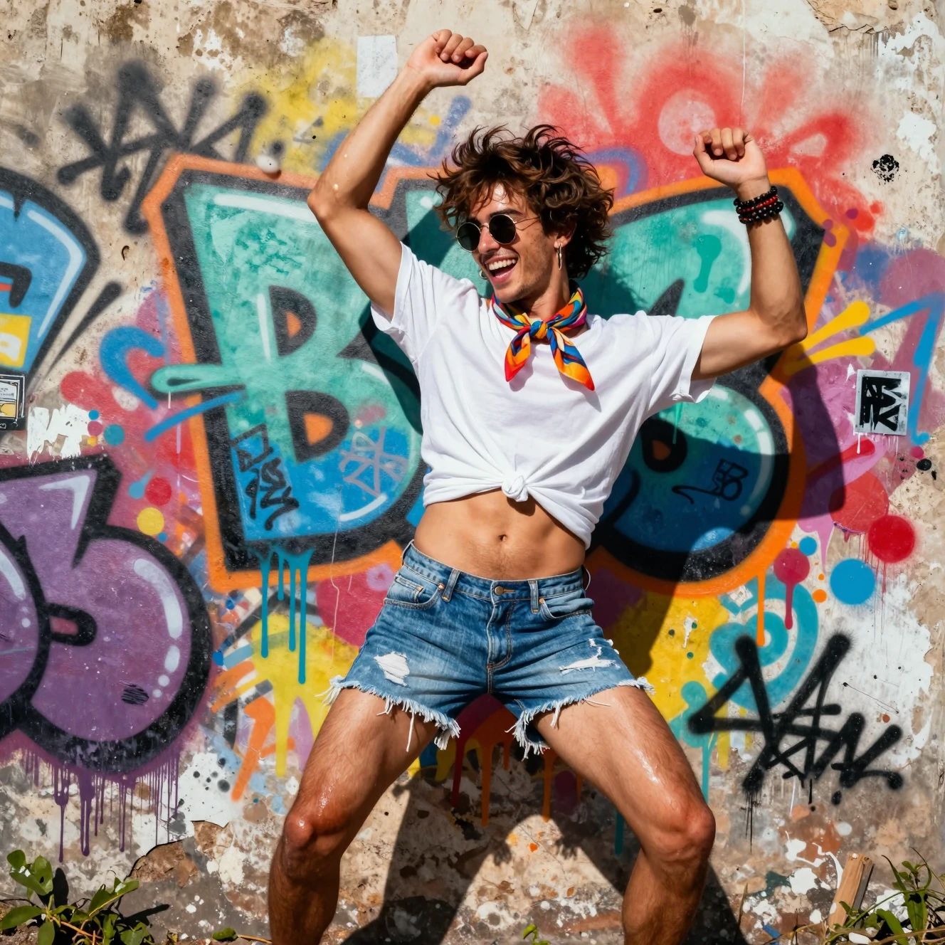 Joyful young man dancing by colorful urban graffiti wall