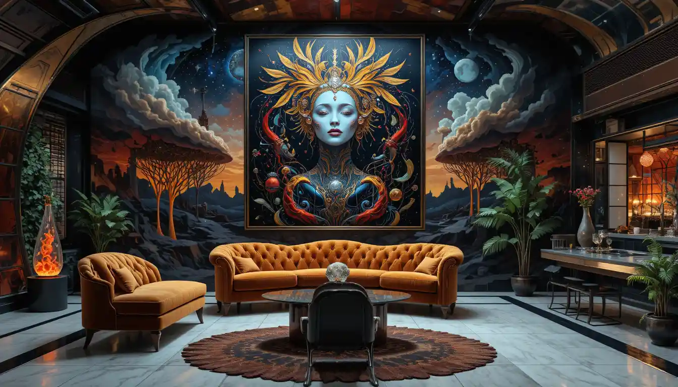 Velvet couch before surreal cosmic painting in dark room