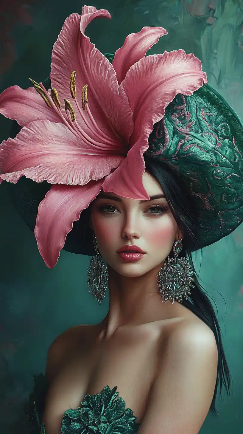 Surreal fashion woman with pink lily headdress in oil painting