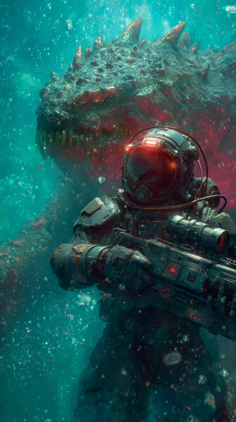 Futuristic diver confronting a massive kaiju underwater