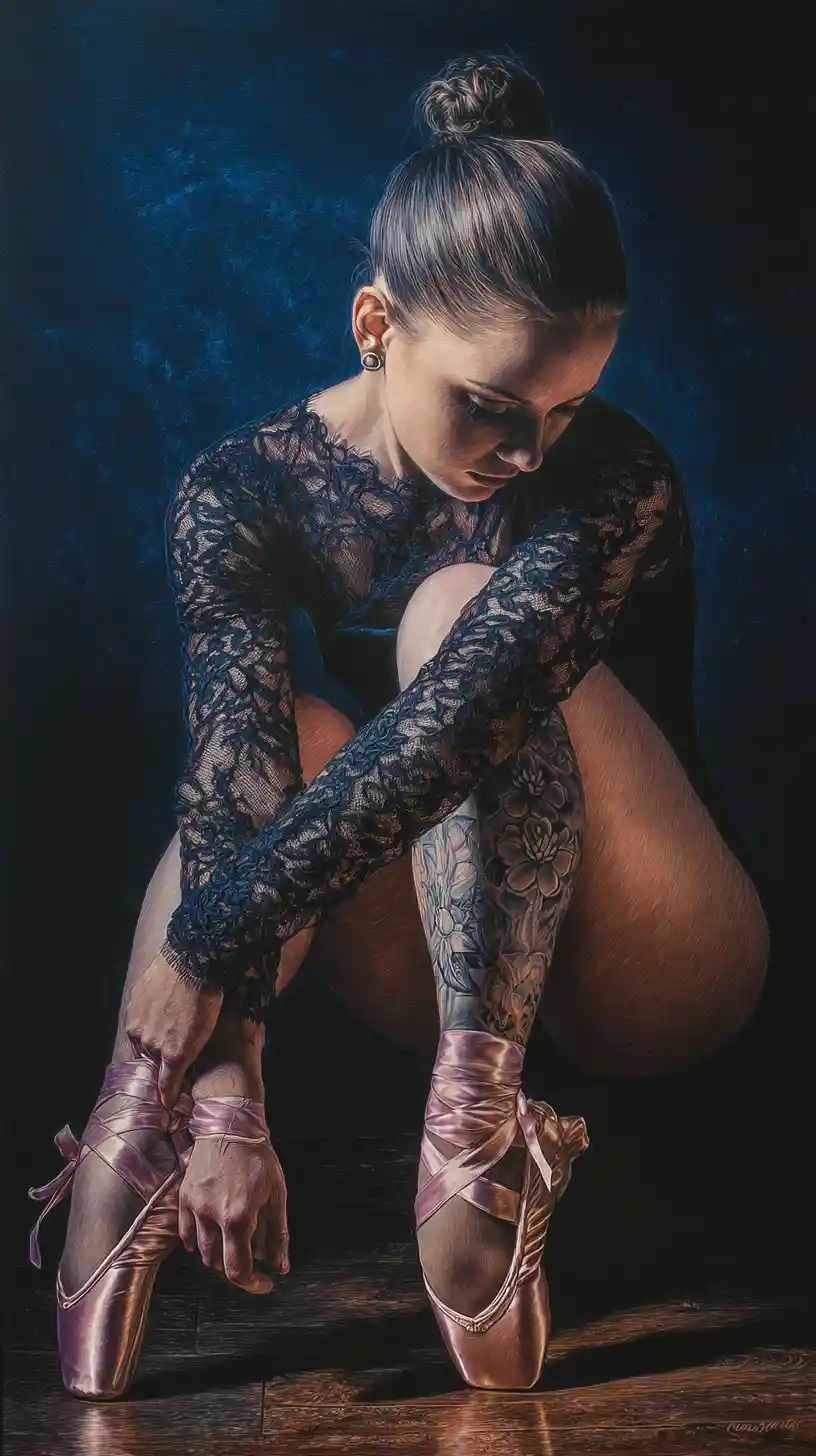 Young ballerina crouched in lace leotard on wooden floor