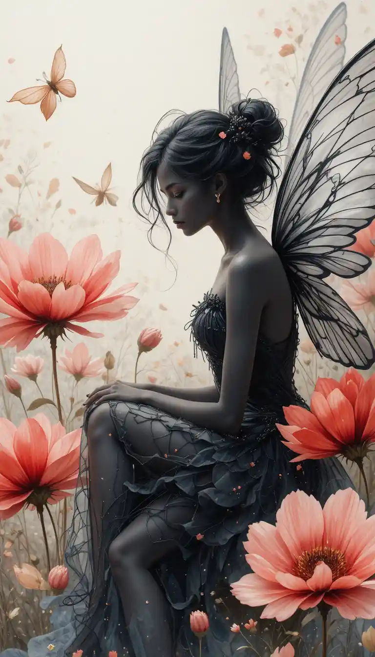 Elegant fairy resting among large soft red flowers