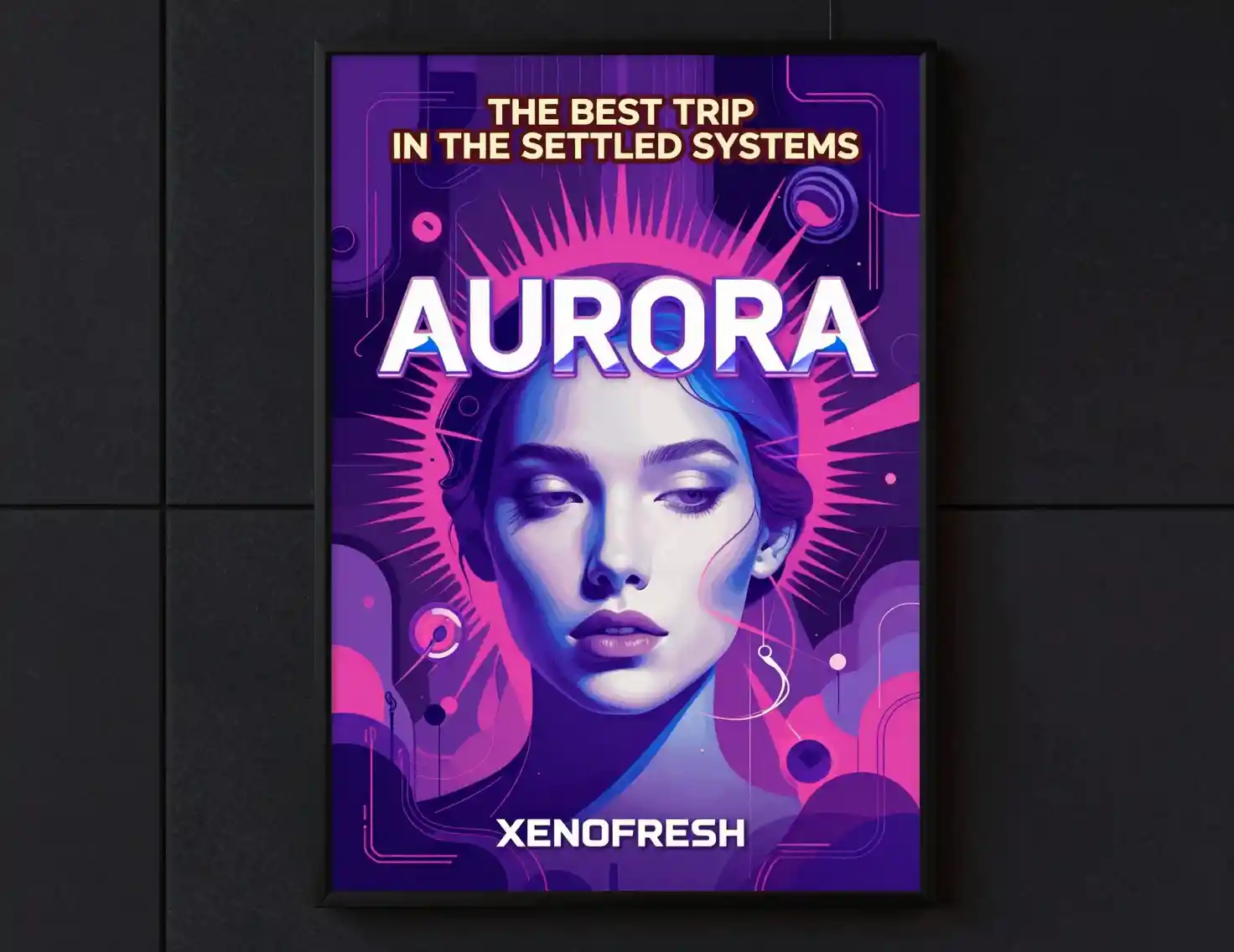 Futuristic Aurora poster with ethereal female face and text