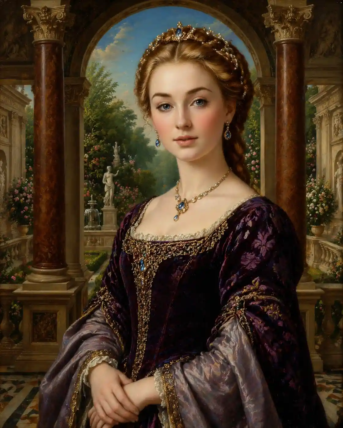 Renaissance style portrait of a young girl on a terrace