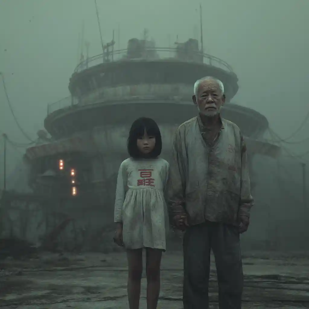 Asian girl with her granddad in futuristic Chinese city