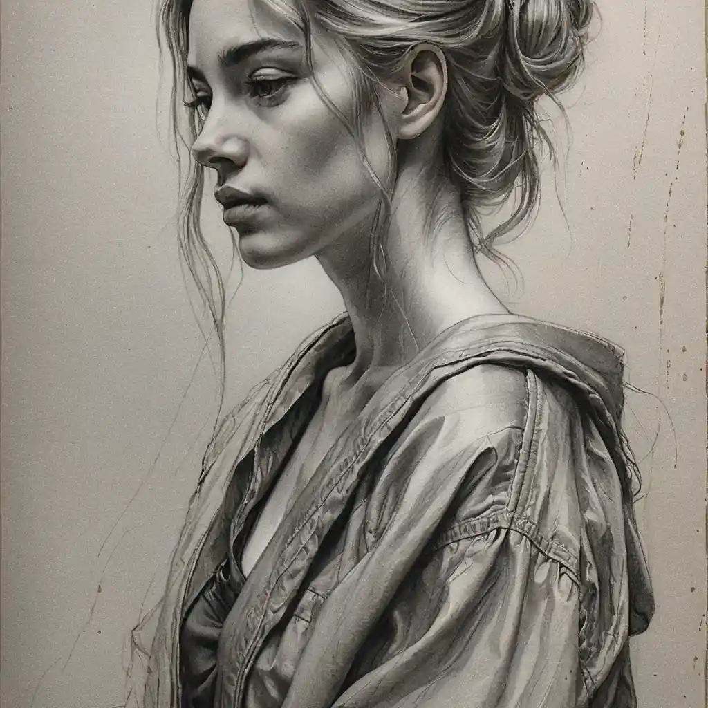 Young woman pencil profile portrait with melancholic gaze