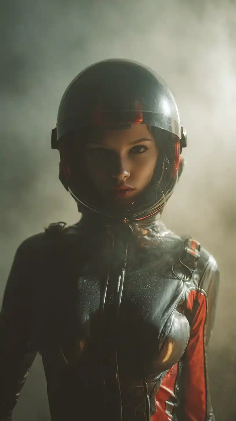 Female astronaut in black and red suit on alien world