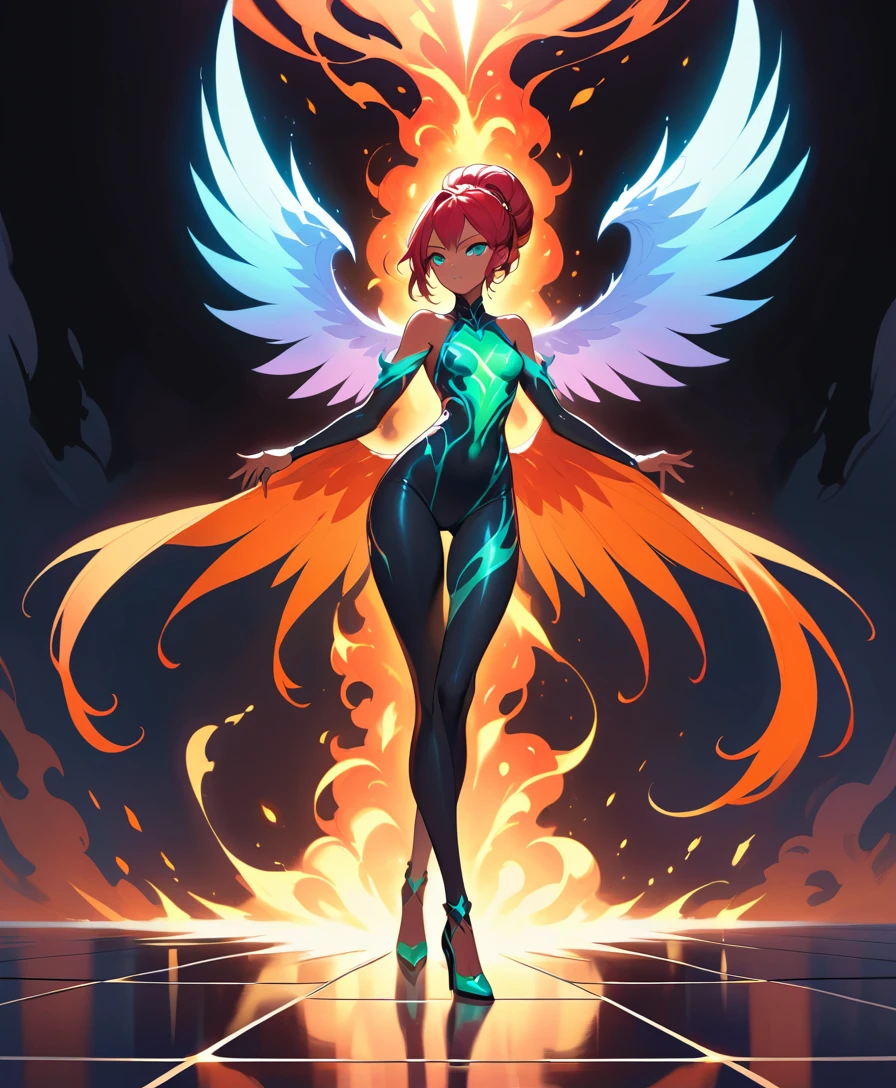 African freshman strides across obsidian glass with fiery wings